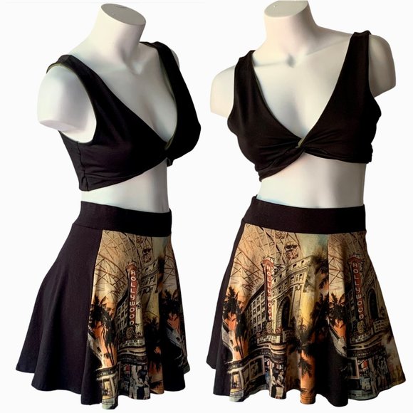 Hollywood+San Francisco graphic print & black skater micro mini skirt - M - Picture 1 of 15
